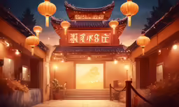 a chinese building with some asian lanterns lite up