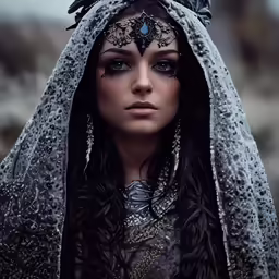 the young woman with an elaborate head piece and veil