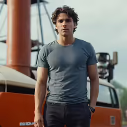 young man in grey shirt standing near a ship