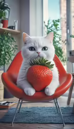 a cat holding a strawberry sitting on a chair