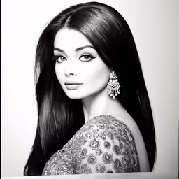 a black and white photograph of a beautiful young woman wearing earrings