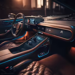 a car that has lights shining on the dashboard