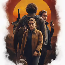 three people stand behind an orange and white poster