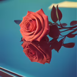 a single red rose sits next to its reflection