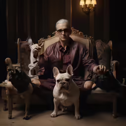 a man sitting on a couch with two dogs