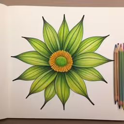 pencils are placed next to the image in the book,a colorful drawing of a flower on a piece of paper