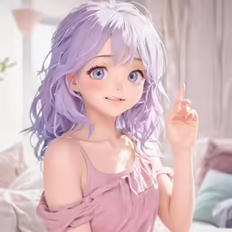 a woman with purple hair and big blue eyes