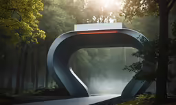 a tunnel with trees and fog surrounding it
