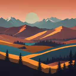 a painting of a scenic mountain scene with a sunset,a mountain landscape with sun setting over the mountains