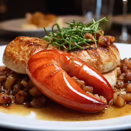 cooked lobster, sausage, and potatoes sit on a plate