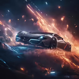a futuristic car is going down the mountain in clouds
