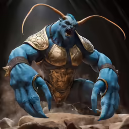 a blue and gold evil creature with long horns