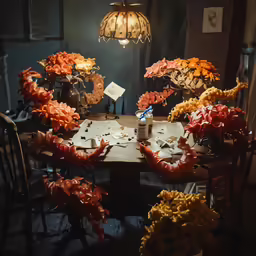 a table with various fall decorations and lights