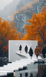 several people walking down steps in a water way