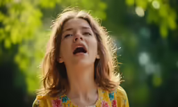 a girl in yellow shirt blowing a horn