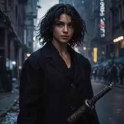 a person with dark hair and holding a gun