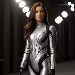 a beautiful woman wearing a white and black suit