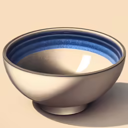 an empty metallic bowl with blue and white stripes