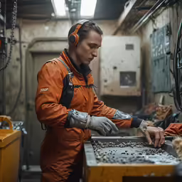 a woman in an orange and black jacket working with a piece of machinery