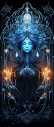 a painting with the image of an abstract woman,the goddess with blue hair and glowing eyes in a black background
