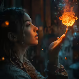a woman holding a stick with flames