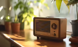 an old style radio sitting on a table with potted plants