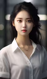 a female model wearing white shirt and long black hair,a close up of a person with long hair