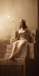 a woman sits on the ledge with a piece of a temple