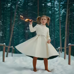 the girl is holding out her wand in the snow