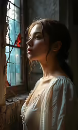 a beautiful woman next to a window with vines on the outside