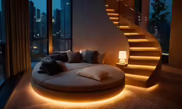 this living room has a round sofa on the floor
