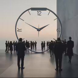 people are standing outside the entrance to a building with large clock