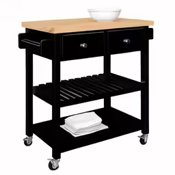 a black cabinet with drawers and a wood top