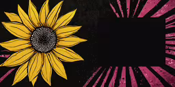 a painted sunflower on black with pink stripes,a picture of a large sunflower on pink and black