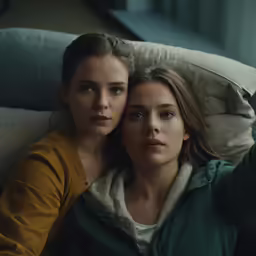 two girls looking at the camera while lying on a bed