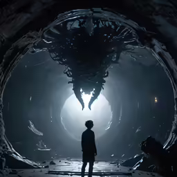 silhouette of person standing in the middle of a tunnel