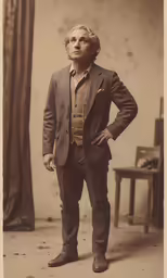 an old photo of a man in a suit with his hands on his hips