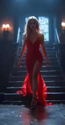 a woman in a red dress walking up stairs