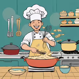 a smiling cook holds a pot with a pasta dish inside,a cartoon is showing a smiling cook