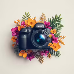 the digital camera is laying next to a flower arrangement