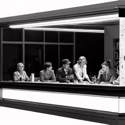 a group of people on an old window sill eating and drinking