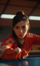 a girl wearing an orange shirt leaning on a table