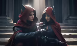 two women wearing hoods and gloves sit on steps