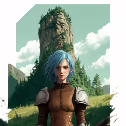 an anime artwork is in a green field with trees