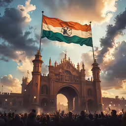the flag of india flying in front of a massive building