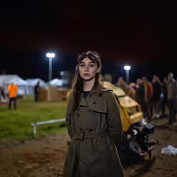 a woman in a trench coat is standing outside