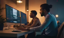 two young men working on a computer in an office setting