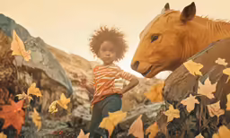 the boy and horse are in the field