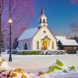 a white church with a light pole and snowy front yard