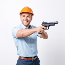 a man in a hard hat with a gun